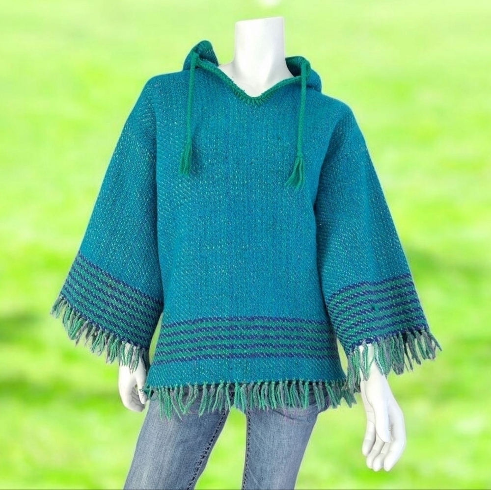 Vintage 100% Virgin Wool Hand Woven Poncho With Hood And Fringe Boho Sweater